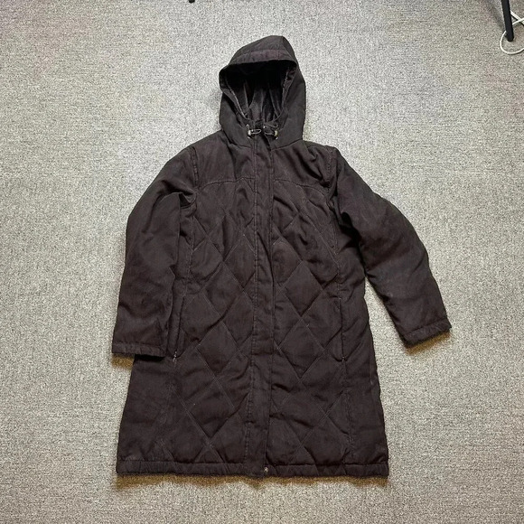 L.L.Bean Down Faux Suede Dark Brown Quilted Puffer Coat Women's Large Petite - Picture 1 of 5